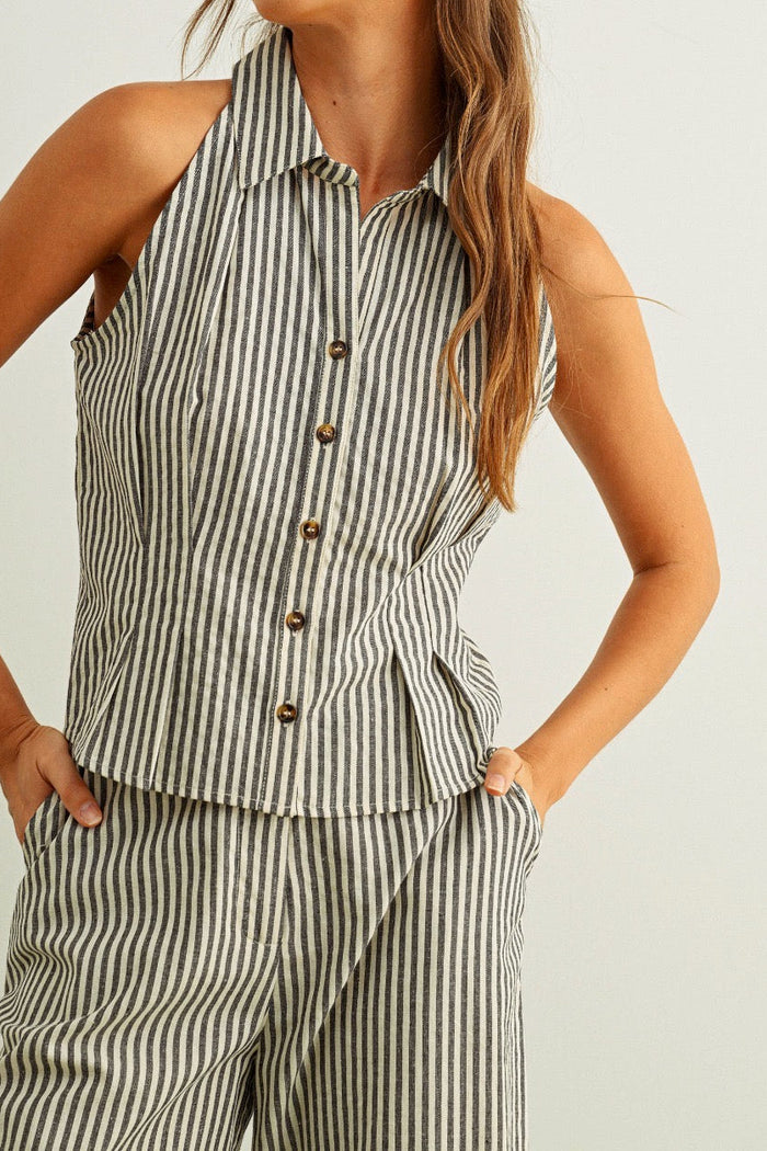 Teresa Striped Pattern Collared Sleeveless Top