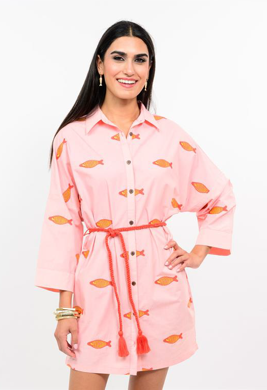 coral dress with fish print