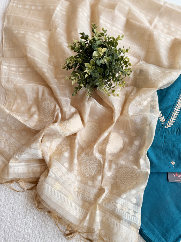 V neck silk cotton suit set