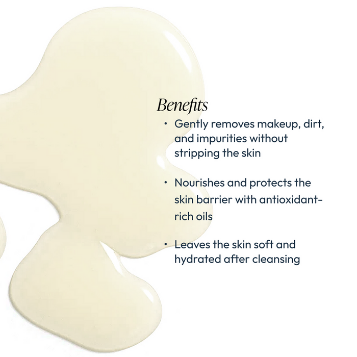 Close-up of a smooth, light cleansing oil texture with text highlighting benefits such as gentle makeup removal, nourishing antioxidant-rich oils, and leaving skin soft and hydrated, promoting skincare wellness with Vitamin Veil Cleansing Oil (formerly Vitamin Veil Cleanser) | Circadia.