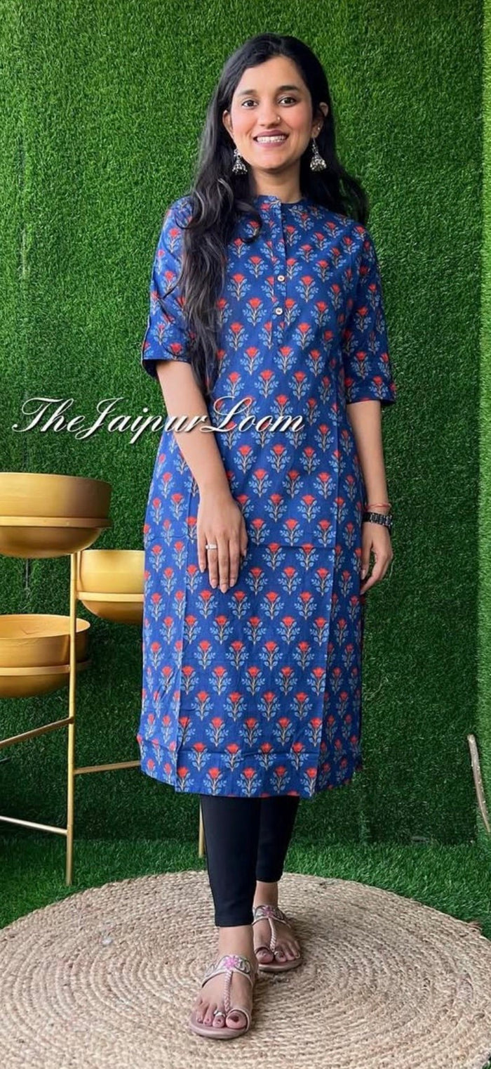Weekend Cotton Kurta- Blue Red Phool