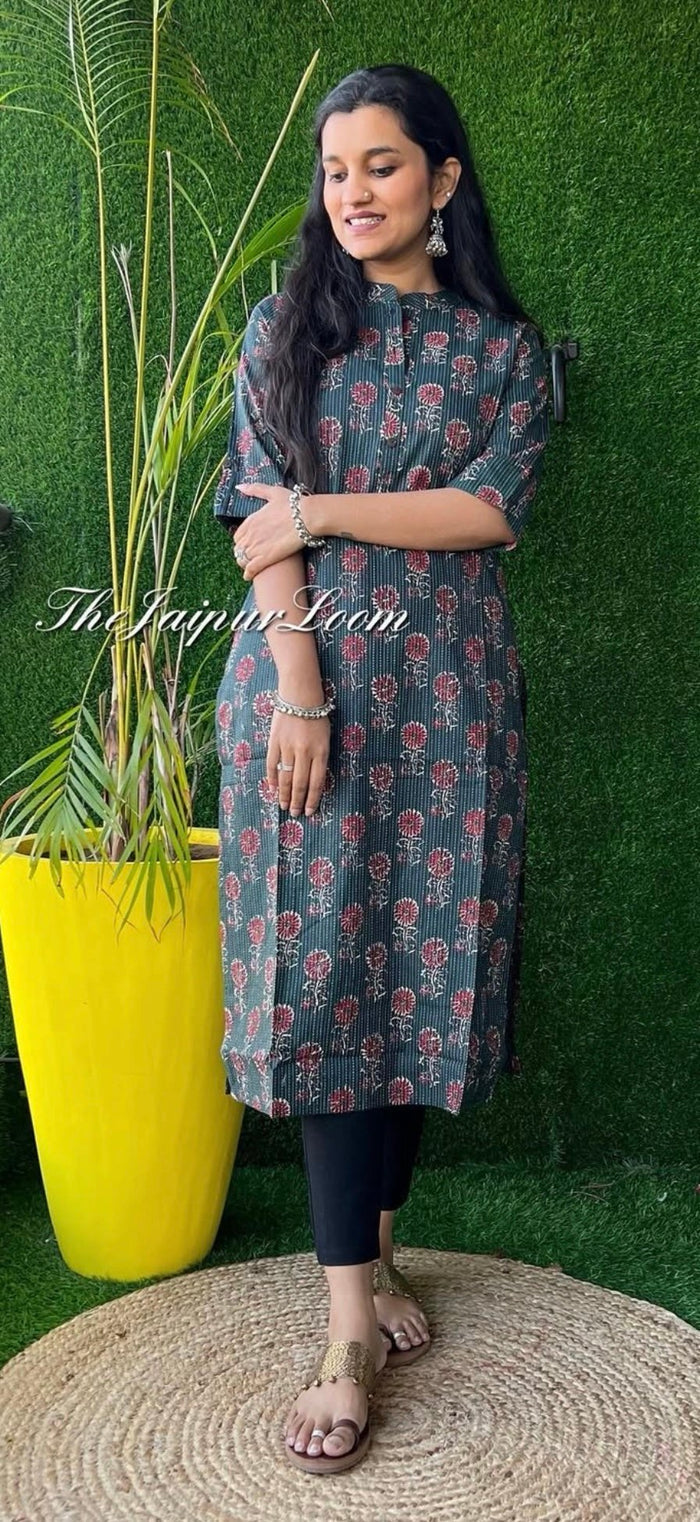 Weekend Cotton Kurta- Dark Green Boota