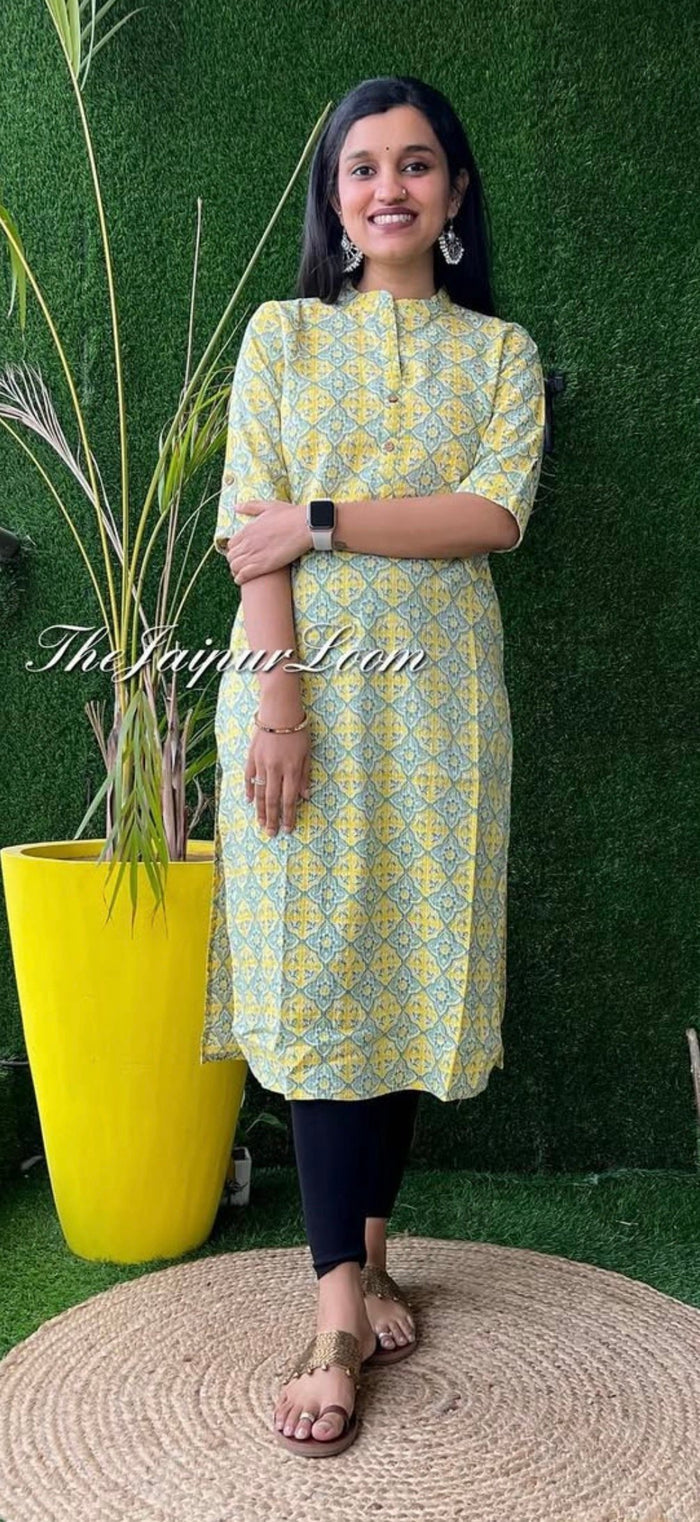 Weekend Cotton Kurta- Lime Jaal