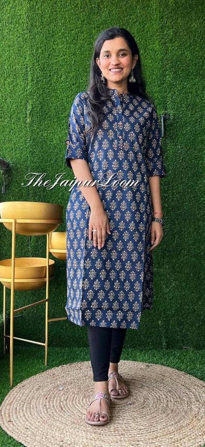 Weekend Cotton Kurta- Navy booti