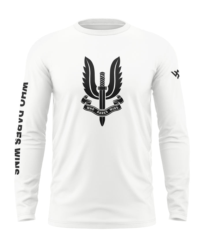 White long sleeve t-shirt with black dagger and wings emblem, text 'Who Dares Wins' on front and sleeve.