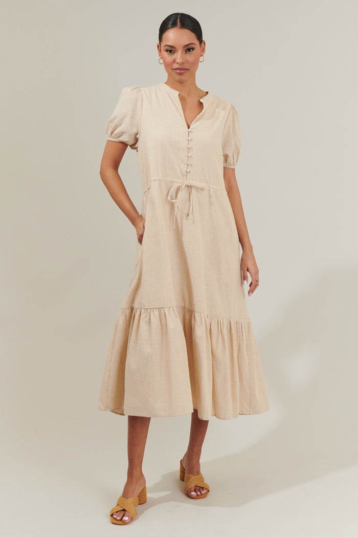 Zephyr Ticking Stripe Waist Tie Midi Dress