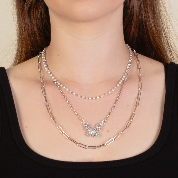 12013 - Layered Crystal Necklace - Silver