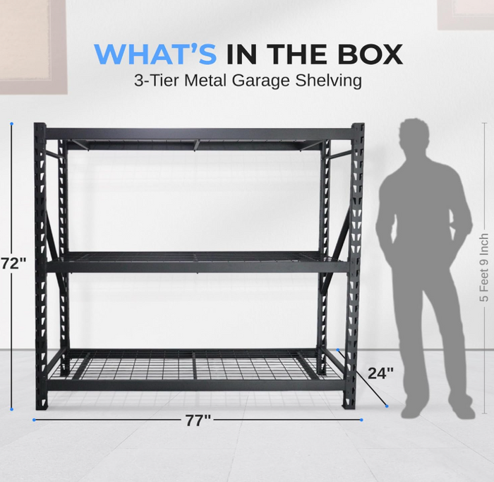 3-Tier Metal Garage Shelving, 2000 lbs Capacity, Adjustable Steel, Black