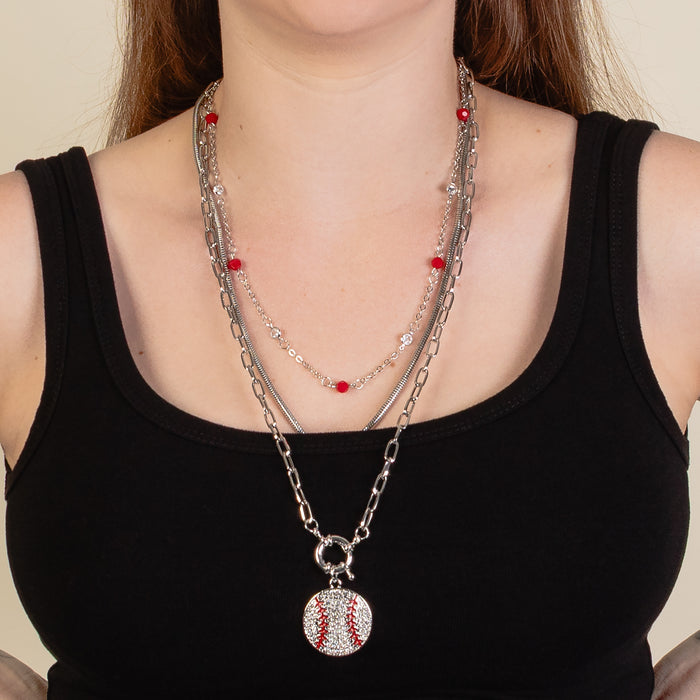 92282 - Layered Baseball Necklace - Red & White