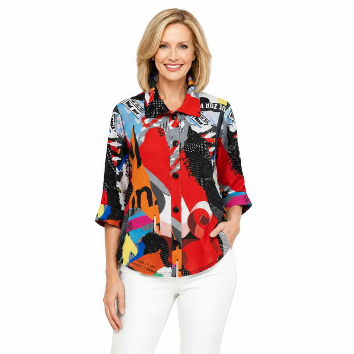 Abstract Collage-Print Shirt in Red Multi - 7115 - Size XS Only!