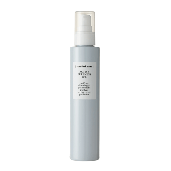 Tall cylindrical bottle with pump dispenser containing Active Pureness Gel | [ comfort zone ], a purifying cleansing gel for skincare routines.