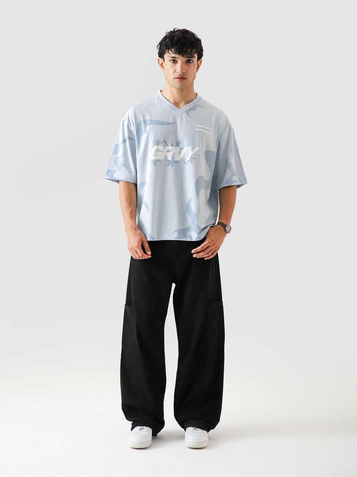 Allover GRVY frost blue tee closeup allover GRVY graphic pattern detail Pakistan – GROOVY