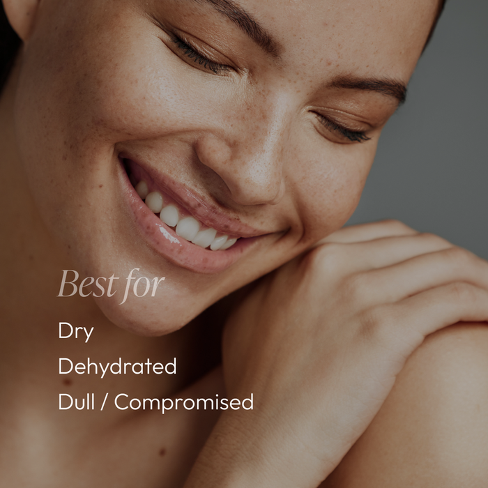 Close-up of a smiling person with clear, glowing skin, promoting AquaPorin Hydrating Cream | Circadia as ideal for dry, dehydrated, and dull or compromised skin types.
