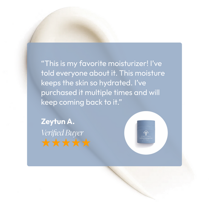Customer review highlighting AquaPorin Hydrating Cream | Circadia as a favorite moisturizer that keeps skin deeply hydrated, with a five-star rating and verified buyer endorsement.