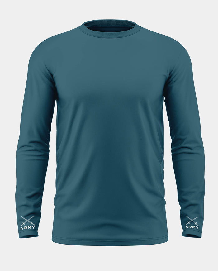 Men's blue full sleeve t-shirt with ARMY text and crossed swords on cuffs