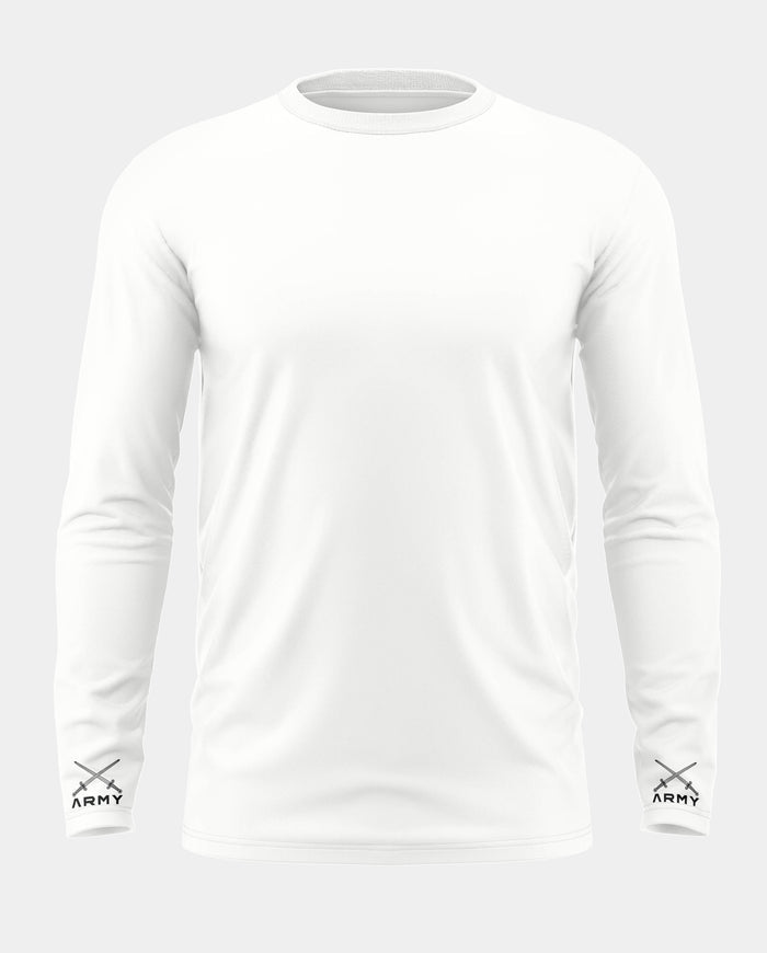 White men's full sleeve t-shirt with crossed swords and 'ARMY' text on cuffs