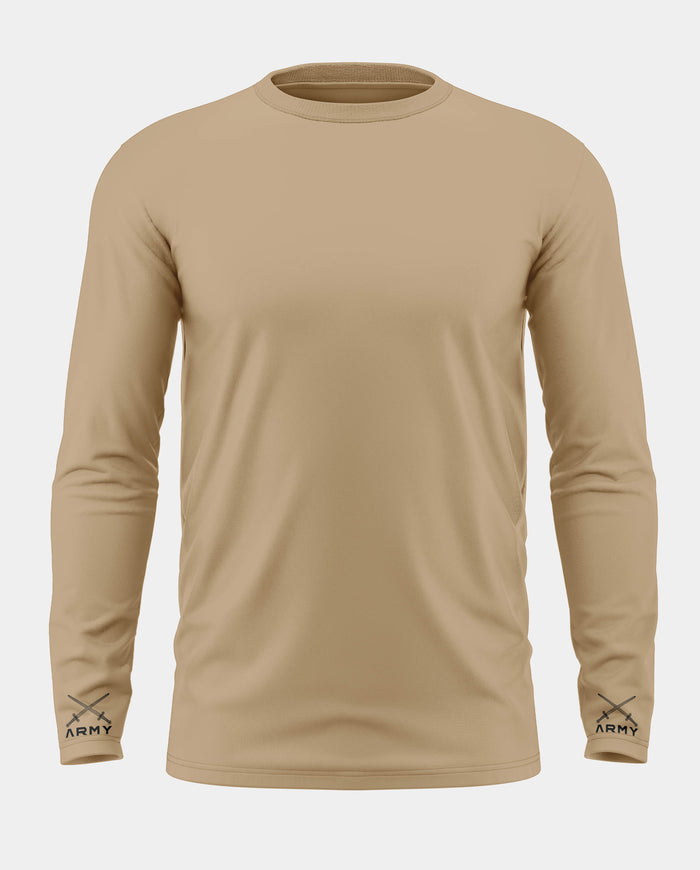 Beige men's long sleeve t-shirt with army text and crossed swords on the cuffs, military style.