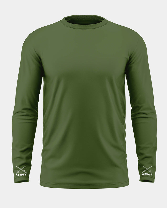 Olive green men's full sleeve t-shirt with 'ARMY' and crossed rifles print on cuffs