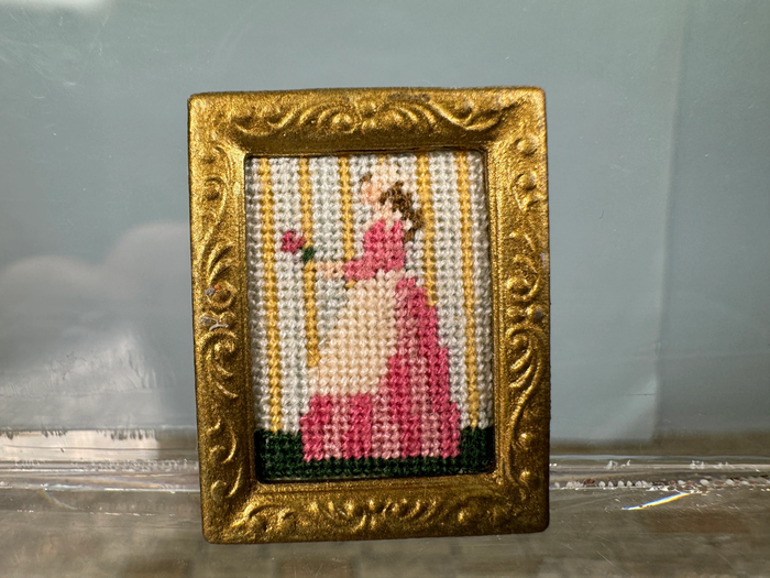 Artist Handmade Needlepoint Woman In Gold Picture Frame