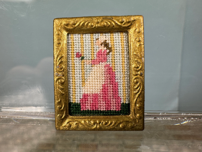 Artist Handmade Needlepoint Woman In Gold Picture Frame