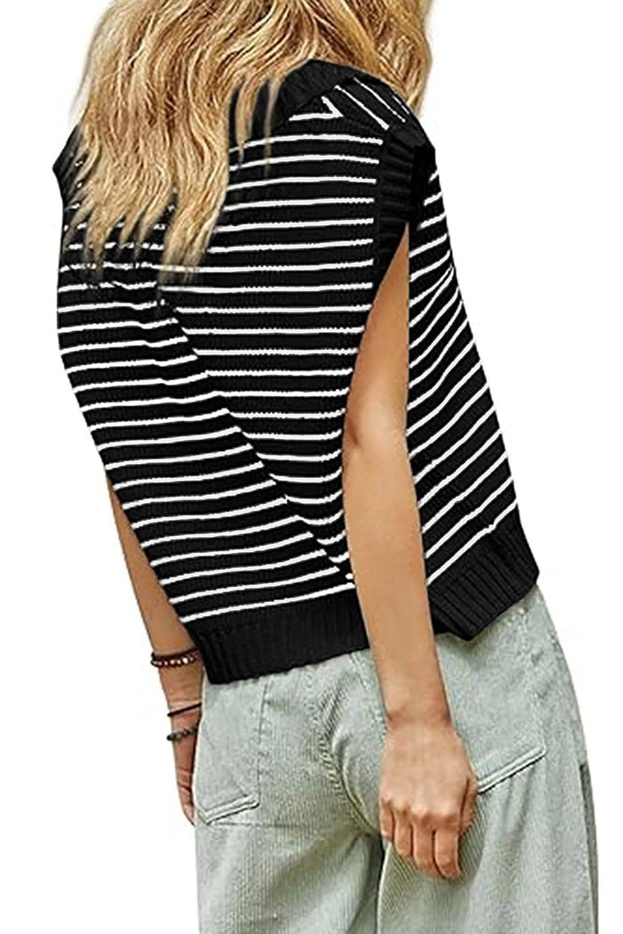 Beige Stripe Turn-down V Neck Sweater Tank Top - Tops/Tank Tops
