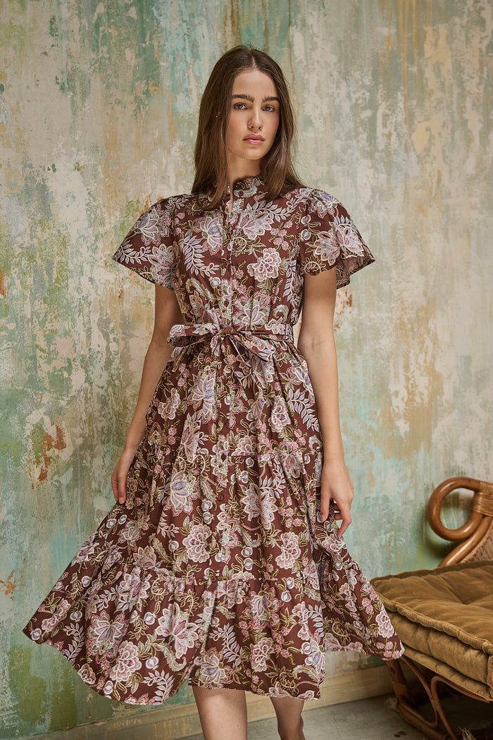 Bellucci Poplin Button Front Tiered Midi Dress Rustic