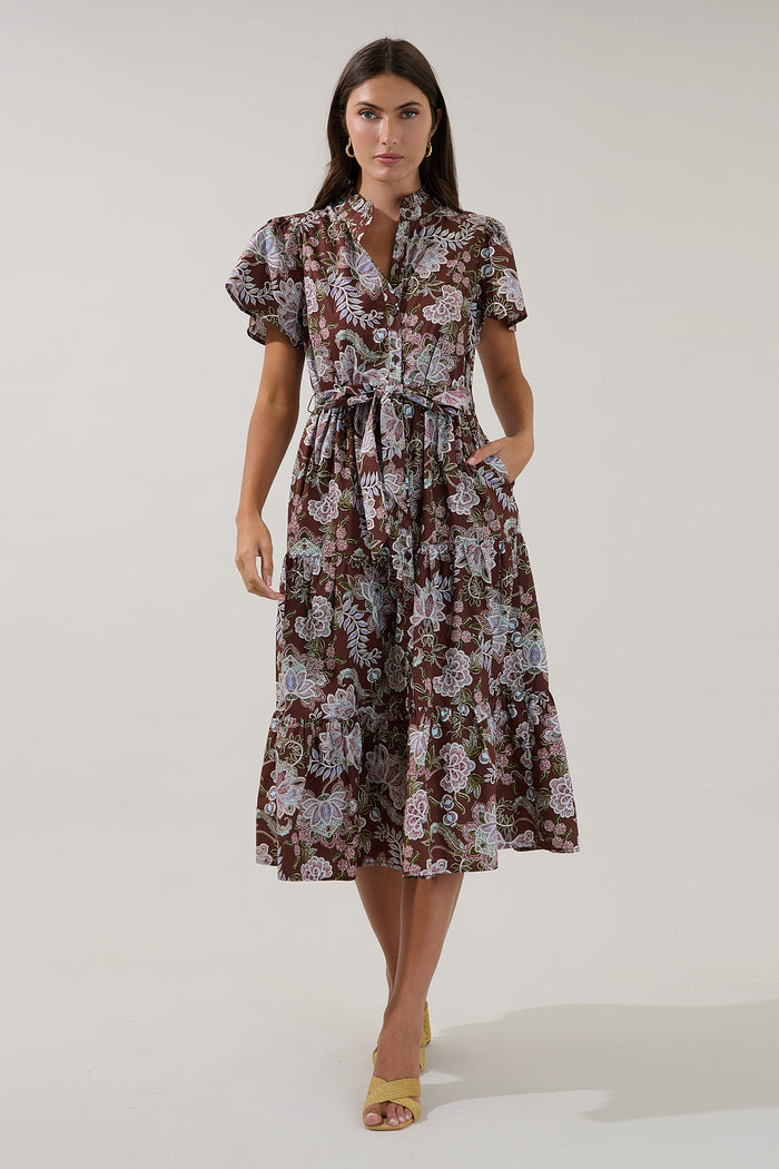 Bellucci Poplin Button Front Tiered Midi Dress Rustic