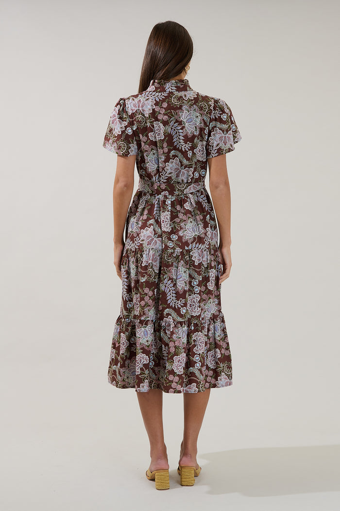 Bellucci Poplin Button Front Tiered Midi Dress Rustic