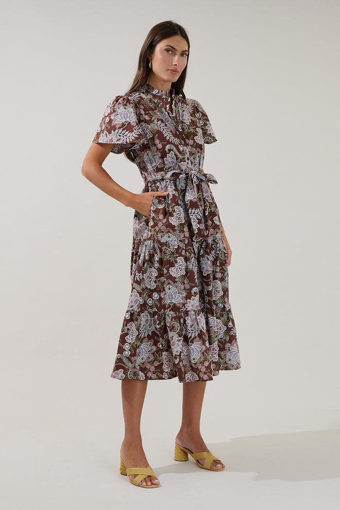 Bellucci Poplin Button Front Tiered Midi Dress Rustic