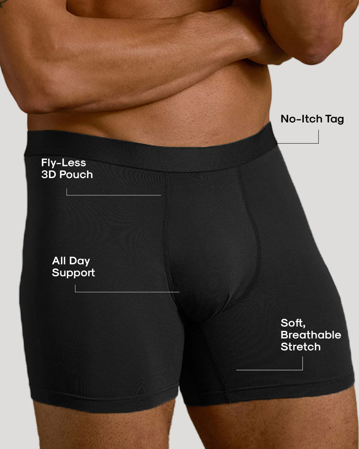 Black Boxer Brief showcasing no-itch tag, 3D pouch, and soft stretch fabric.