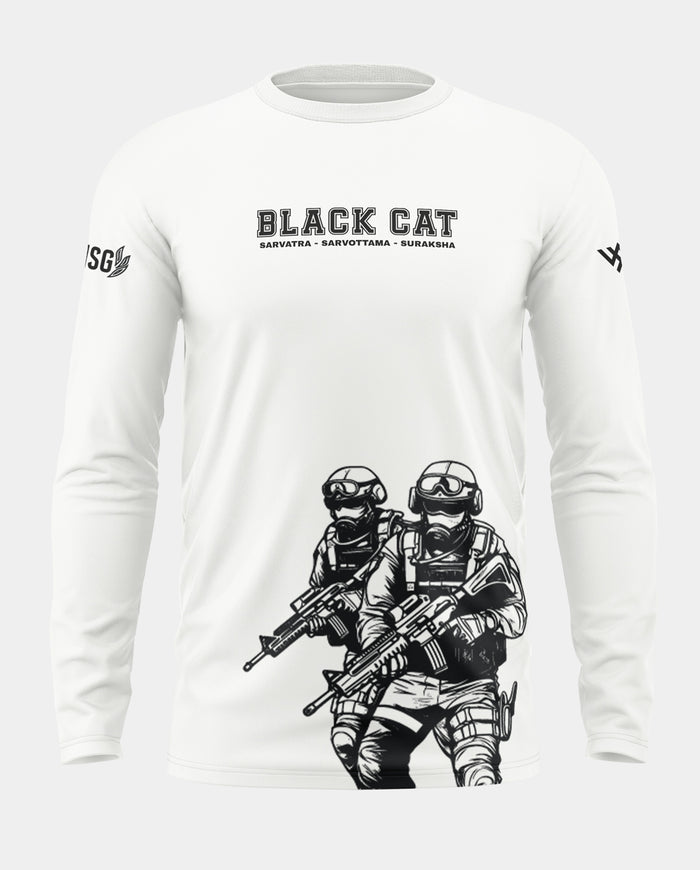 White men's full sleeve t-shirt with 'Black Cat' text and armed commando graphic print