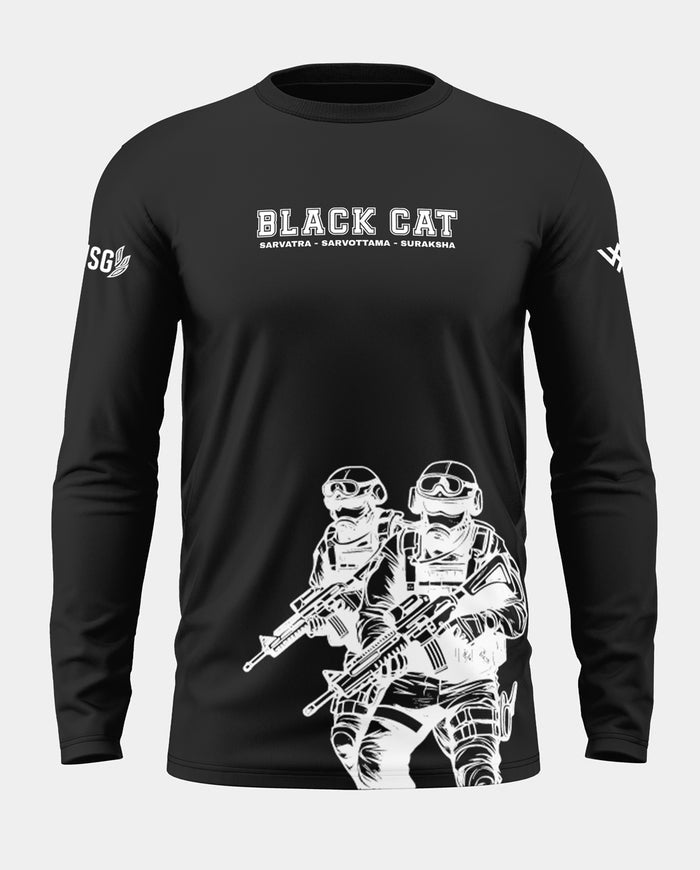 Black full sleeve t-shirt with 'Black Cat' text and white commando graphic print