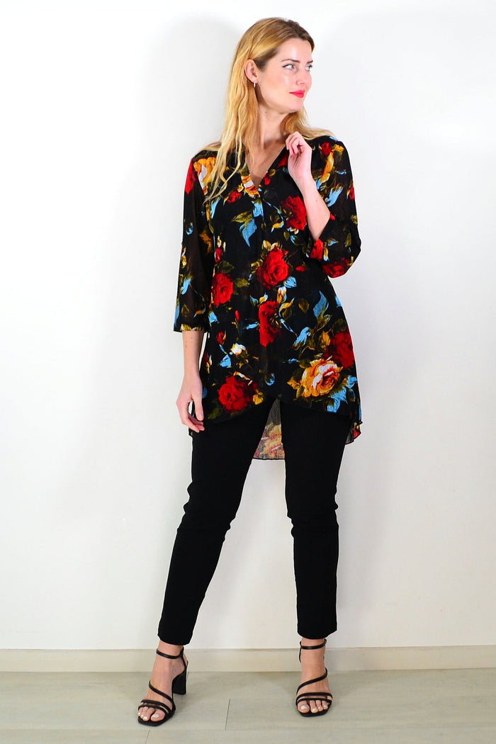 Black floral mesh tunic top for ladies by Whispers, featuring a flowy design with delicate floral patterns.