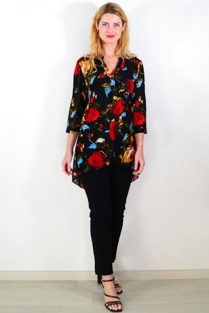 Black floral mesh ladies tunic top by Whispers, featuring a lightweight, semi-sheer design with floral patterns and relaxed fit.