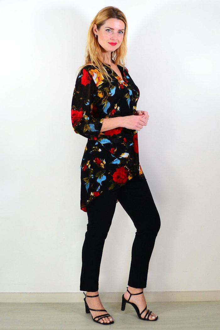 Black floral mesh ladies tunic top from Whispers featuring a lightweight, flowy design with floral patterns and a comfortable fit.
