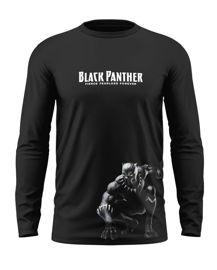Black long sleeve men's t-shirt with Black Panther graphic and bold logo on front