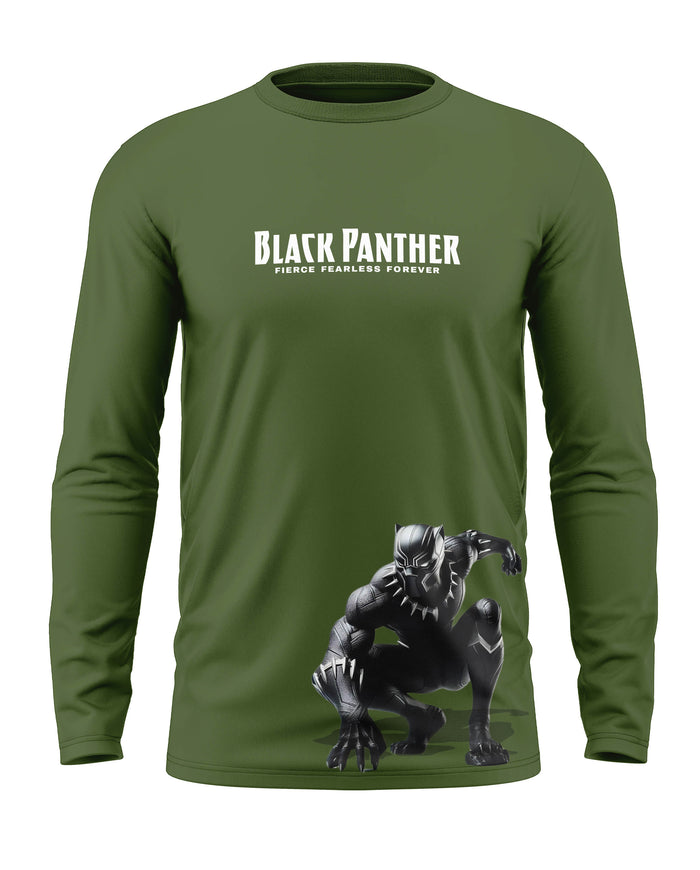 Olive green men's full sleeve t-shirt with Black Panther graphic and slogan printed on front
