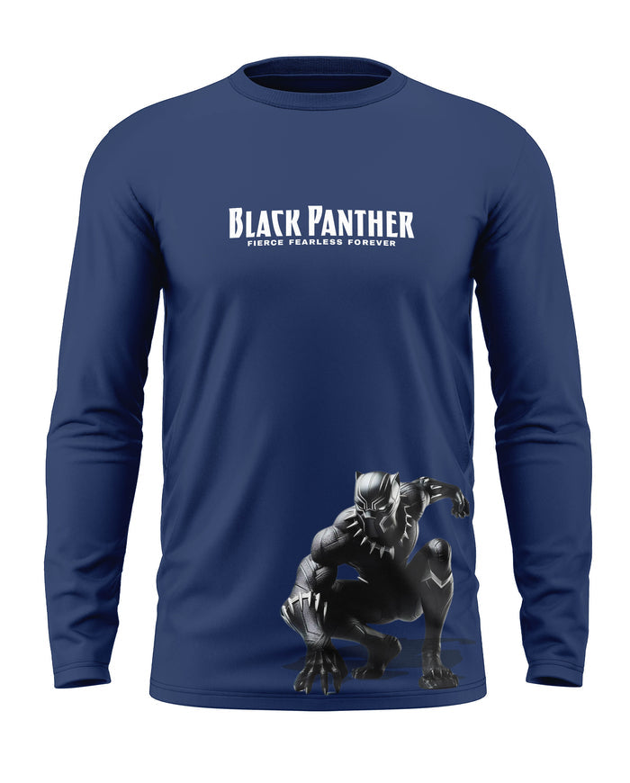 Navy blue full sleeve men's t-shirt with Black Panther graphic and text on front.