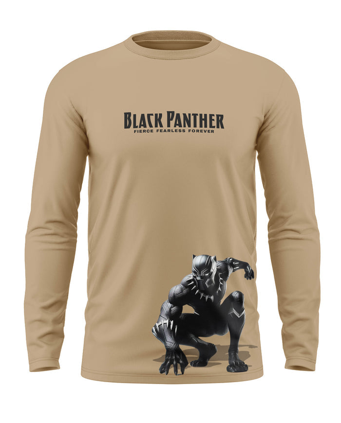 Beige men's full sleeve t-shirt with Black Panther graphic and bold text on front