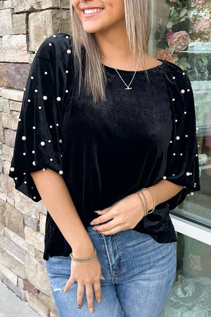 Black Pearl Beaded Half Sleeve Velvet Top - BLACK / S / 95% POLYESTER + 5% ELASTANE - Tops/Blouses & Shirts