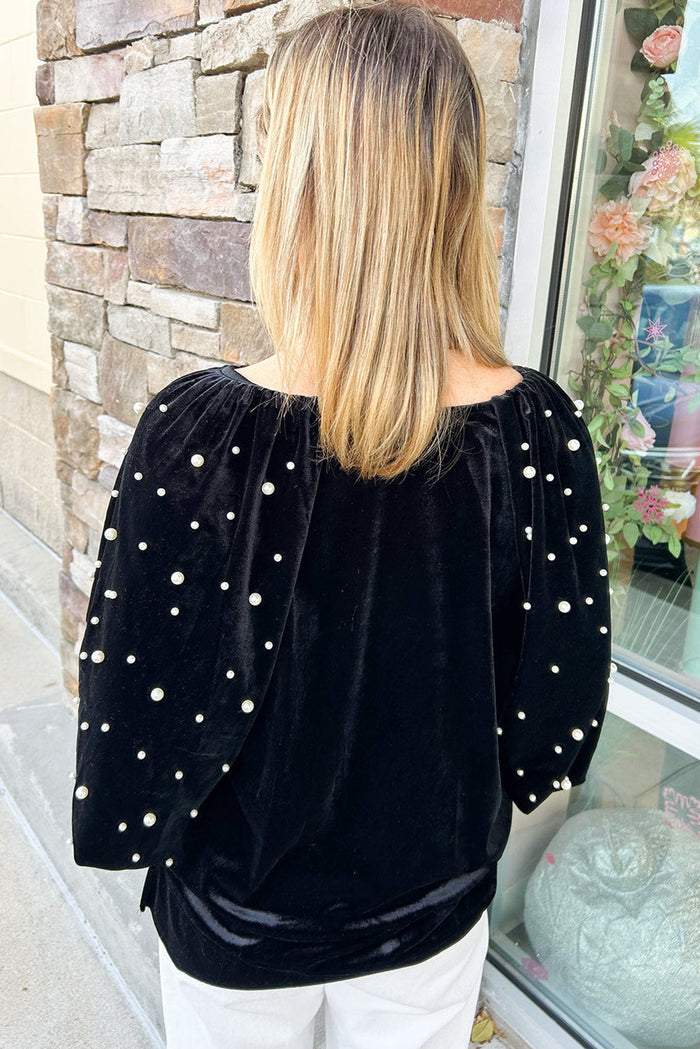 Black Pearl Beaded Half Sleeve Velvet Top - Tops/Blouses & Shirts