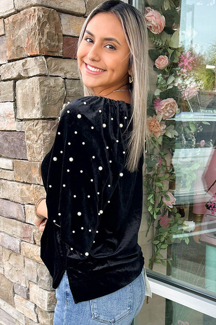 Black Pearl Beaded Half Sleeve Velvet Top - Tops/Blouses & Shirts
