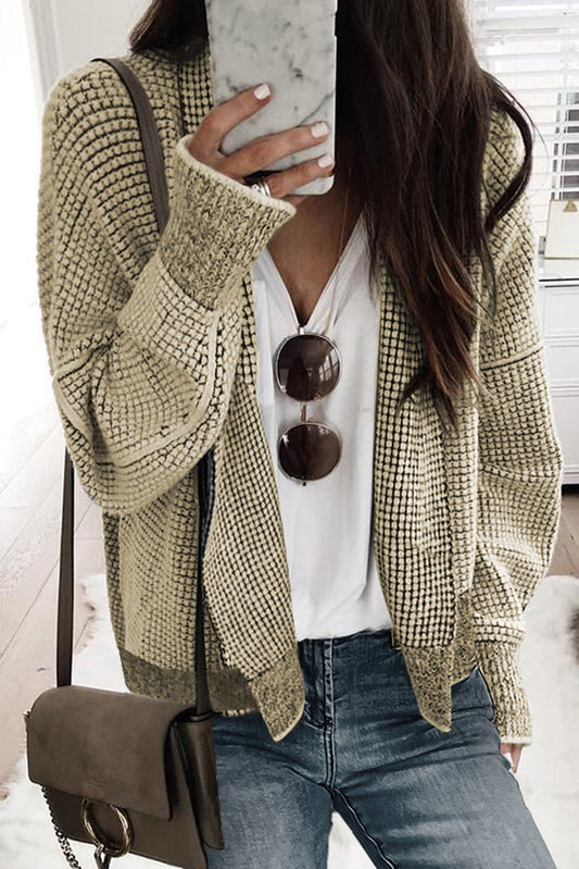 Black Plaid Contrast Trim Open Front Cardigan - APRICOT / S / 65% ACRYLIC + 35% POLYESTER - Sweaters &