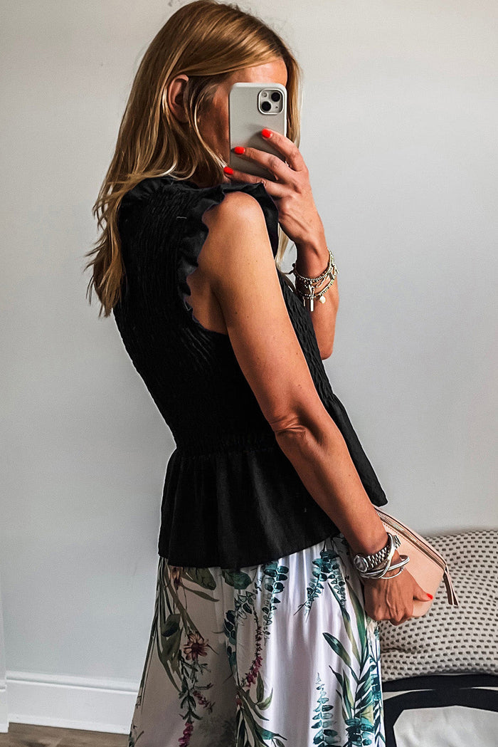 Black Ruffle Short Sleeve Shirred Peplum Top - Tops/Blouses & Shirts