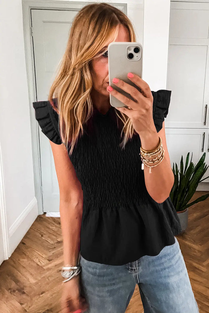 Black Ruffle Short Sleeve Shirred Peplum Top - Tops/Blouses & Shirts