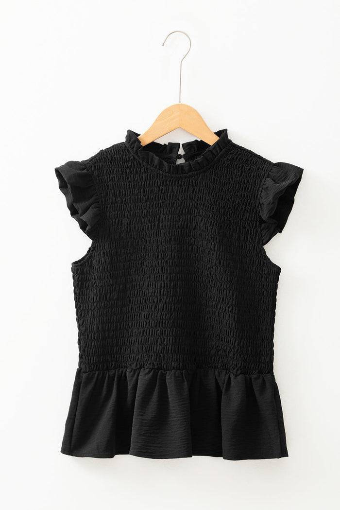 Black Ruffle Short Sleeve Shirred Peplum Top - Tops/Blouses & Shirts