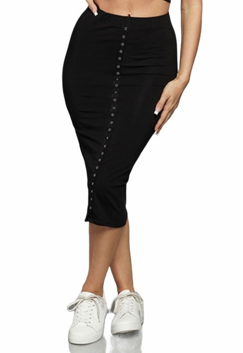 Black Snap Tape Midi Skirt