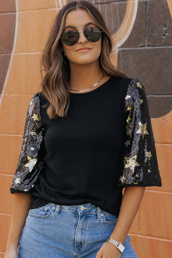 Black Star Sequin Splicing Half Sleeve Top - BLACK / S / 93% VISCOSE + 7% ELASTANE - Tops/Blouses & Shirts