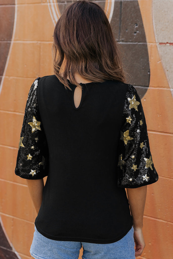 Black Star Sequin Splicing Half Sleeve Top - Tops/Blouses & Shirts