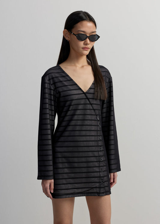 BLACK STRIPED WRAP DRESS